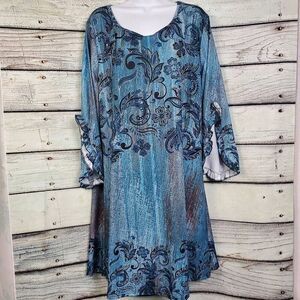 Lily by Firmiana Blue Paisley Tunic Dress Size XXL Ruffle Sleeve Boho